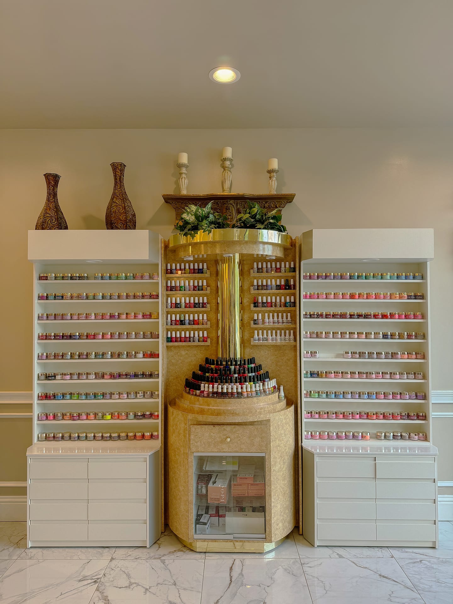 Wall of gel and dip powder colors to choose from at Palace Nail Spa, Midtown Tallahassee